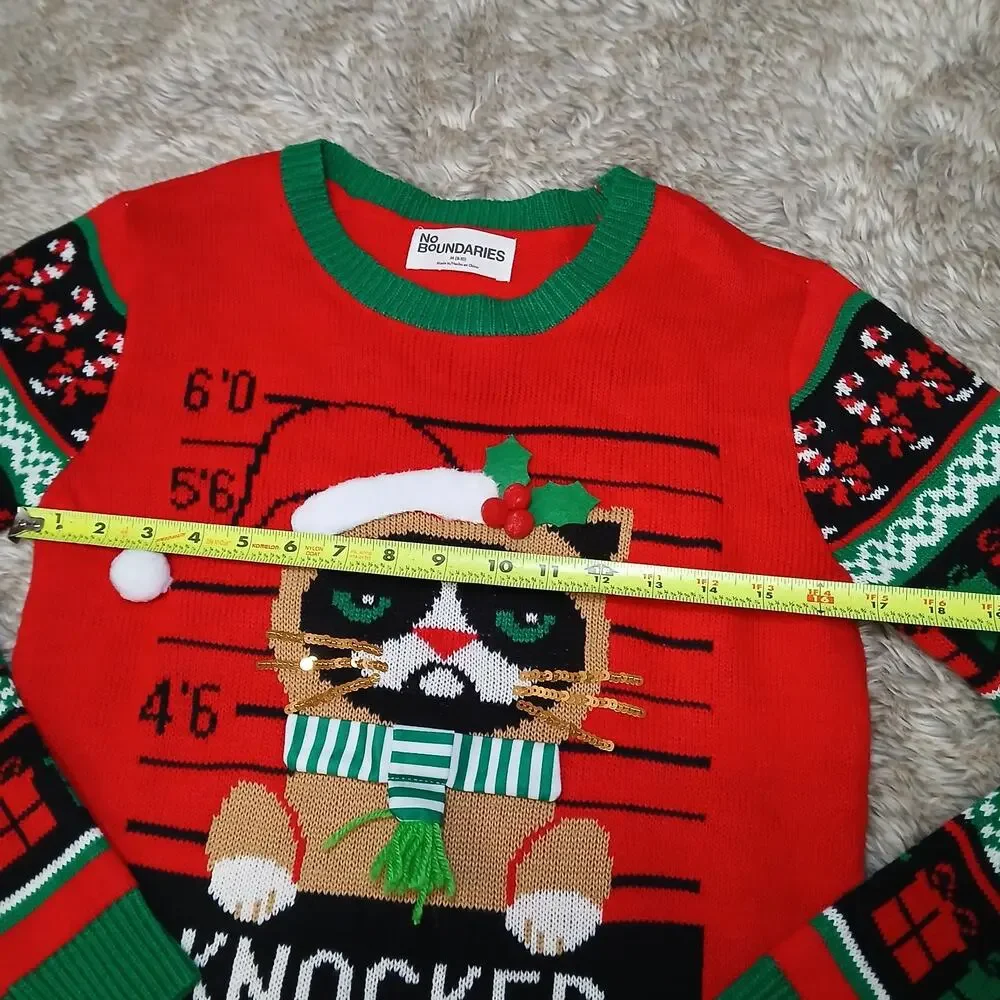 No‎ Boundaries Ugly Christmas Sweater Women’s M (8-10) Grumpy Cat Mugshot